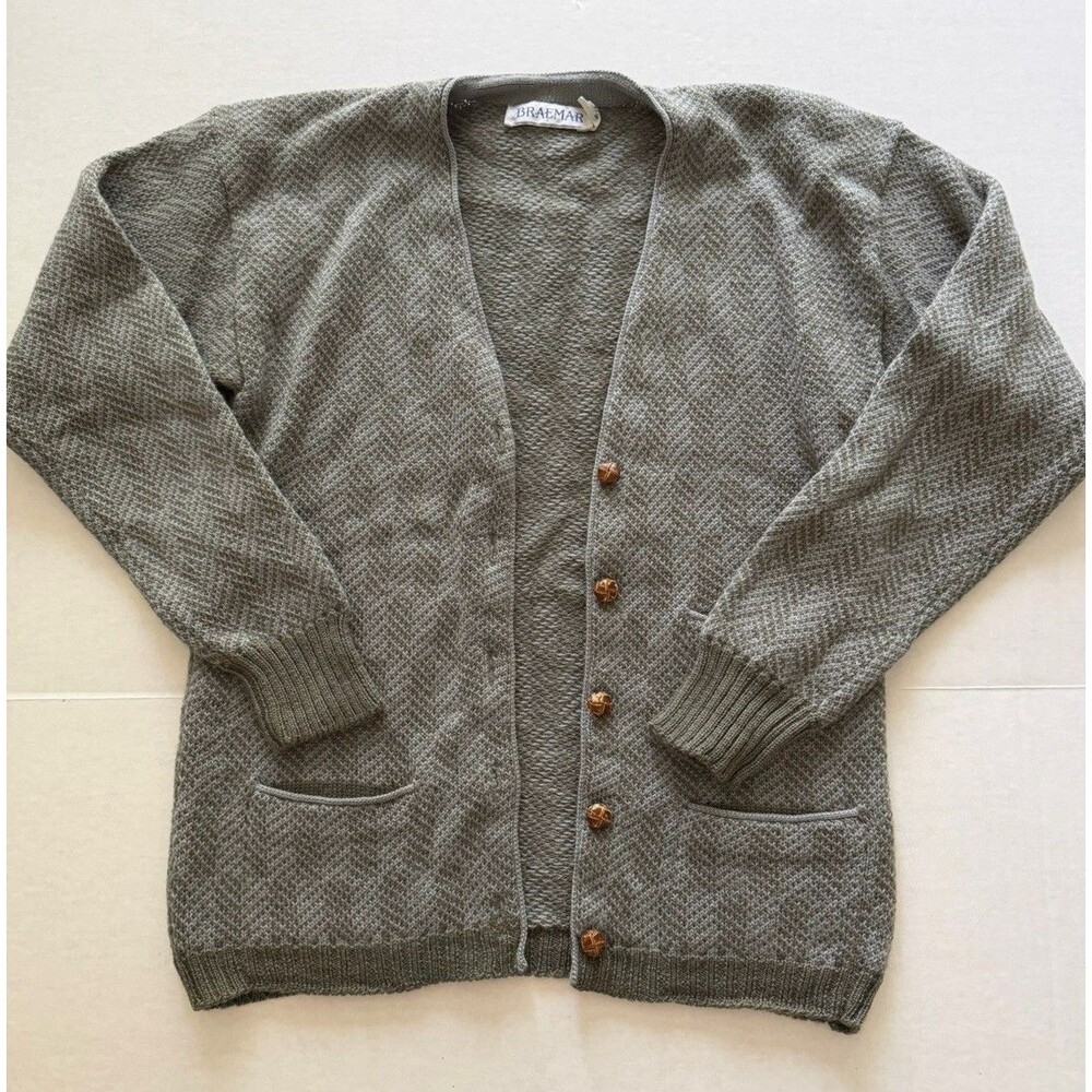 VTG Braemar 100% Wool Sweater Cardigan Long Sleeve Size 36 S XS Moss Green